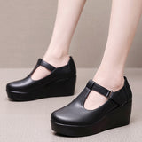 T-Word With Round Head Slope And Soft Soles Of Mother Leather Shoes Spring And Autumn Waterproof Table Thick-Soled Loose Cake Shallow Magic Stick Single Shoes Women HZ0115