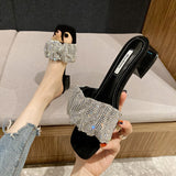 High-Heeled Temperament Famous Woman Summer Slippers French Small Heel Low Heel 3 Cm Black Water Drill Fashion Wearing Sandals HZ0115