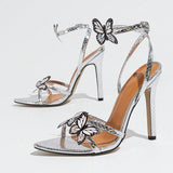 Women's Pointy Butterfly Decoration Cross-Word With Ankle With Thin High-Heeled Silver High Heels HZ0115
