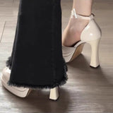 Small Thick Heel Waterproof Table High Heels Women Patent Leather Buckle In The Hollow Square Thick-Soled Wedding Shoes To Host Banquet Shoes HZ0115