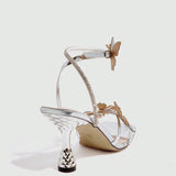 Women's Round Head Three-Dimensional Flower Paint And Fine High Heel Sandals Women's Shoes Elegant Silver High Heels HZ0115