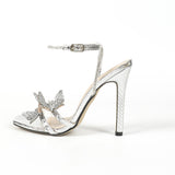 Women's High-Heeled Butterfly Decorative Water Drill With Cross Ankle With Square Head Fine High Heel Sandals HZ0115