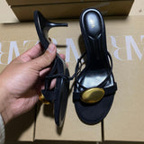 ZAJ2025 Spring New Women's Shoes Black Metal Details Decorating Round Head Fine High Heel Elegant Fashion Sandals HZ0115