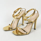 Women's Metal Stone Cross-Ankle With Square Head Slender Heel Sandals Fashion Party Gold High Heels HZ0115