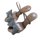 2025 Summer New Women's Shoes Beige Water Drill Bows Fine High Heel Sandals Tip-Out Fashion Sandals HZ0115