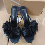 ZA Home 2025 Summer New Black Fairy Wind Flowers Toe French Temperament High-Heeled Sandals Woman HZ0115