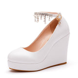 11 Cm White Round Head Water Table Slope Single Shoes Women Pearl Beads Supo Heel Shoes Large-Size High Heel Single Shoes Women HZ0115