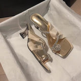 French Water Drill High Heel Sandals Women's High-Grade Summer New Temperament Style Wind With Square Toe Slippers Tide HZ0115