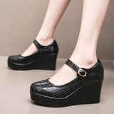 Painted Leather Stone Slope Heel Single Shoe Round Head Light Mouth Work Shoes Thick-Soled Waterproof Table Model Show High Heels Women HZ0115