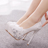 14 Cm White Lace High Heels Wedding Shoes Water Drill Pearl Banquet Shoes Large Size Thin Heel Waterproof Table Single Shoes HZ0115