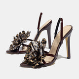 Women's Round Head Three-Dimensional Flowers With Fine High Heel Sandals Women's Elegant Coffee-Color High Heels HZ0115