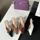 2025 New Bows Fine Heels Large-Size Wine Red Wear Slippers Retro Tip Half-Tug HZ0115