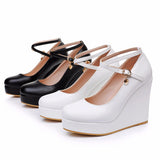 10 Cm Fashion Thick Bottom Slope Single Shoe Round Head Height Waterproof Slope Heel Buckle Heel Women's Shoes HZ0115