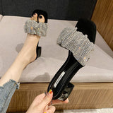 High-Heeled Temperament Famous Woman Summer Slippers French Small Heel Low Heel 3 Cm Black Water Drill Fashion Wearing Sandals HZ0115