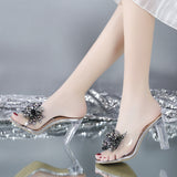 Water Drill Bow One-Word Slippers Women Summer Sexy Crystal And High-Heeched Cool Slippers Transparent Drag HZ0115