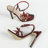 Women's Butterfly Decorative Water Drill Cross With Square Head Slender Sandals Party Wine Red High Heels HZ0115