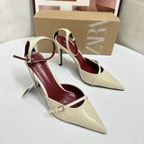 ZA Home 2025 Fashion New Pointed Women's Shoes Classic White Patent Leather Shallow Heel Stumbling Women's High Heel Sandals HZ0115