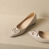 Small Sharp Head Soft Soles In The Increase Single Shoes Spring And Autumn Leather Bare Light Flat Commuting V Buckle Temperament Women's Shoes HZ0115