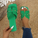 Southeast Asian Women Solid Color Large-Size Rivet Slippers Casual Side Toe Flat Summer Light Beach Shoes HZ0115