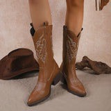 Spring And Autumn 2025 New Female Vintage Embroidery V Mouan Rider Boots Western Cowboy Mid-Clinic Head HZ0115