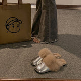 Hairy Wool Head Half Slippers Women Wear Plus Plus Velvet 2025 New Autumn And Winter Square Head Muller Plush Warm Cotton Drag HZ0115