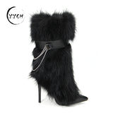 High-Heeling Haired Boots 2025 Autumn/Winter Tip Fine And Warm Cowhide Fox Hair Fine High Plush HZ0115