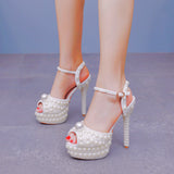 14 Cm High-Heeled Sandals Rice Pearl Fish Mouth High Heel Sandals Fine Heel Waterproof Table Bridal Wedding Dress Sandals HZ0115