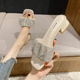 High-Heeled Temperament Famous Woman Summer Slippers French Small Heel Low Heel 3 Cm Black Water Drill Fashion Wearing Sandals HZ0115