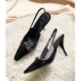2025 Spring And Summer New Black Patent Leather French High Heel Women's Fine Heel Single-Shoe Temperament Niche Pointed Sandals HZ0115