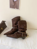 Hand-Stling Metal Buckle Coarse And Pointed Velvet Short Boots HZ0115
