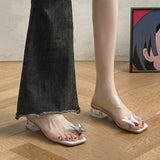 Sandals Women Transparent High Heels 2025 Summer New Square Head Coarse Heel Wearing Bows Toe Crystal And Cool Slippers HZ0115