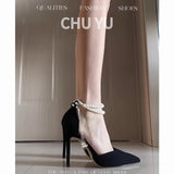 2025 Fairy Wind And Black Beautiful Pearl Strap High Heels Sexy Shallow Velvet Single Shoes HZ0115