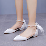 2 Cm Flat Tip Hollow Sandals Low Heel White Ribbon Wedding Dress Shoes HZ0115