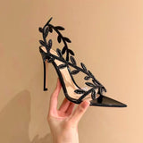Black Water Drill Leaves Sandals New Spring And Autumn Sharp Leather Temperament With A Beautiful And Thin Word With Famous High Heels HZ0115