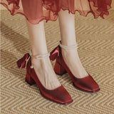 Coarse High Heel Wedding Shoes Women High Heel Bow Bridal Shoes 2025 Spring New Mary Jane Women's Shoes Square Single Shoes HZ0115