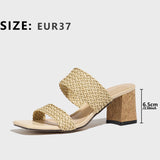 Women's Square Head Weaving Word With Thick Heel Sandals Women's Shoes Pure Color Simple Party Apricot High Heels HZ0115