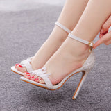 11 Cm Fine Heel Sandals White Buckle Shoes Fine Heel Roman Sandals Lace High Heel Sandals HZ0115