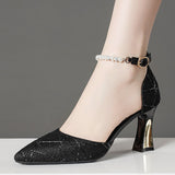 Large-Size Sharp-Headed Women's Shoes 2025 Summer New High-Heeled Fashion Beaded Professional Sandals Women HZ0115