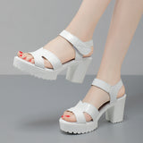 Painted Leather High Heel Waterproof Sandals Women Fashion Crocodile Pattern Walking Shoes Summer Coarse Heel Magic Sticky H Women's Shoes HZ0115