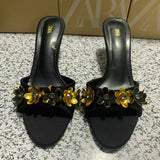ZA Home 2025 New Cow Skin Flowers Exposed Toe And Cool Slippers Outside Wearing High Heels Sandals Women HZ0115