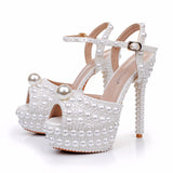 14 Cm High-Heeled Sandals Rice Pearl Fish Mouth High Heel Sandals Fine Heel Waterproof Table Bridal Wedding Dress Sandals HZ0115