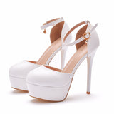14 Cm Waterproof Table High Heels Fine Round Head High Heel Sandals White High Heel Wedding Shoes Large Women's Shoes HZ0115