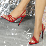 Women's Transparent Glass Adhesive Side Bag Behind Ankle With Fine Heel Sandals Gorgeous Red High Heels HZ0115
