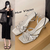 High-Heeled Women 2025 Summer New French Temperament Fine Heel Fairy Square Head Fashion Fine Heel Sandals HZ0115