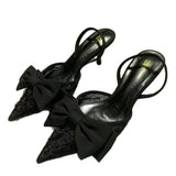 ZA Home 2025 New Women's Shoes Low Heel High Heels High-Heeled Shoes Back Mouth Studded Single Shoes Black Bow HZ0115