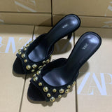 ZA2025 Spring New Rivet Slippers Black Women Wear Round-Headed High-Heeled Shoes HZ0115
