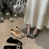 2025 Autumn And Winter New Wedding Shoes Water Drill Head Thick Heel Net Red Single Shoes Women's New French Plus Velvet Bean Shoes HZ0115