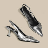2025 Beautiful High-Heeled Shoes Female Fine Heel Silver Temperament Pointy Single Shoe Belt Buckle French Bag Head Sandals HZ0115