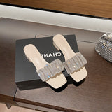 Summer Slippers Women's Fashion Wearing Fairy Wind 2025 New Water Drill Cool Drag Low And Exposed Toe Coarse And Word Drag HZ0115