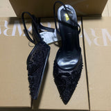 ZAJ2025 Autumn New Stumbling Temperament Fine Heel Shoes Tip Embroidery Bead Mesh Sandals HZ0115